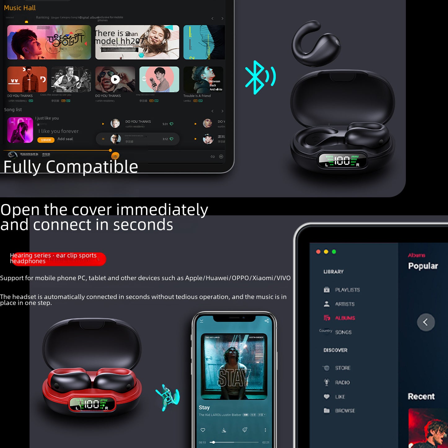 Bone conduction wireless Bluetooth headset - fully compatible and easy connect your device