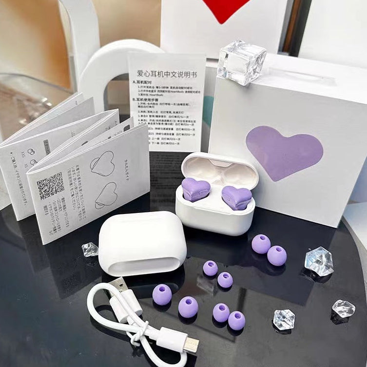 Heart-shaped wireless Bluetooth earphones - purple color gift set