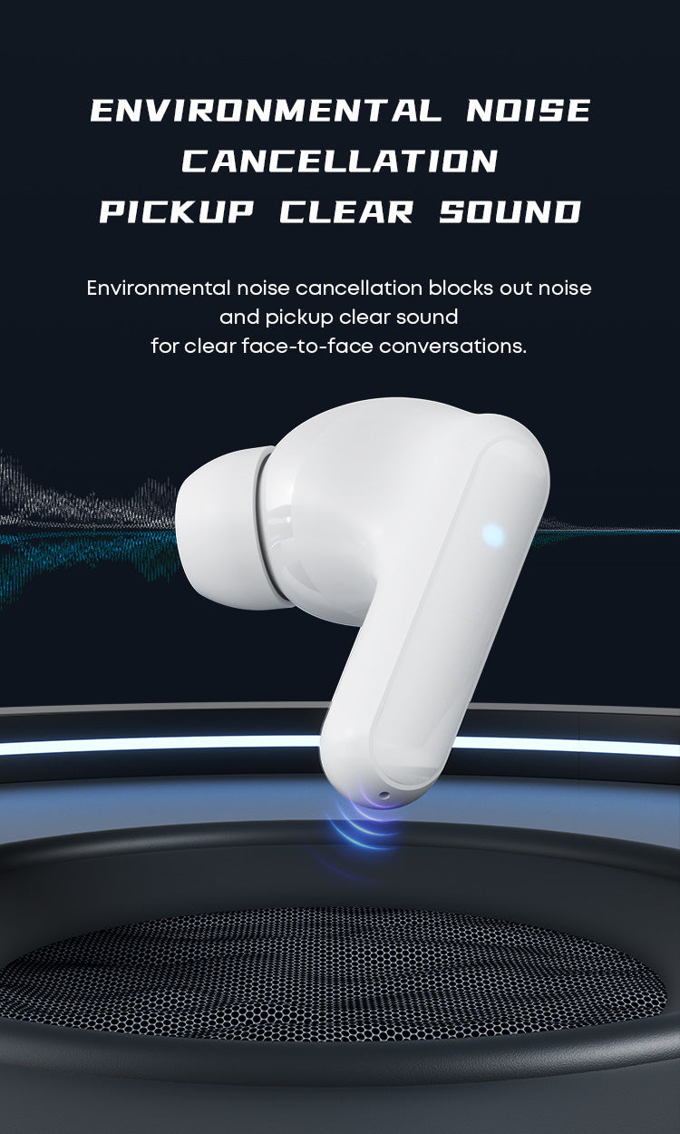 Lanston TG12B gaming earbud close-up highlighting Environmental Noise Cancellation feature for clear call pickup, dark gaming-themed background