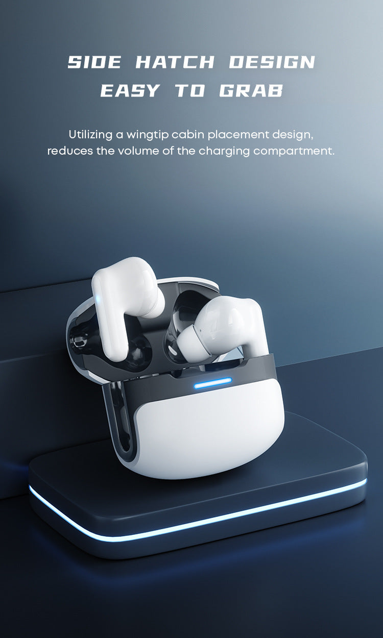 Lanston TG12B white gaming earbuds inside open black charging case with side hatch design, placed on dark gaming platform with blue LED lighting