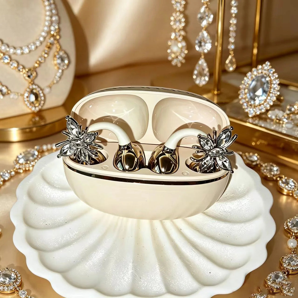 Universal Bluetooth Headphones with Crystal Diamond Butterfly Design and Open Hook Style