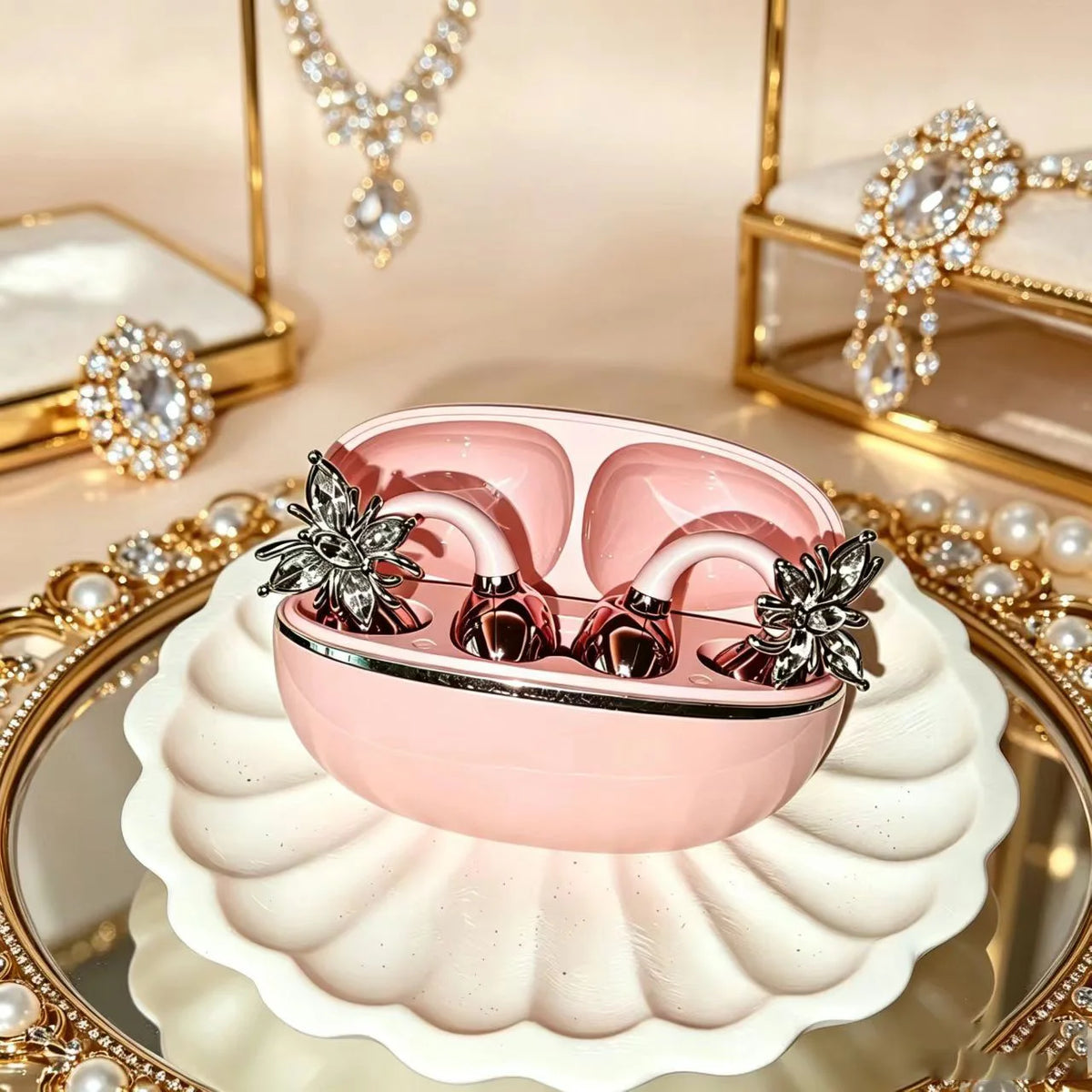 Universal Bluetooth Headphones with Crystal Diamond Butterfly Design and Open Hook Style