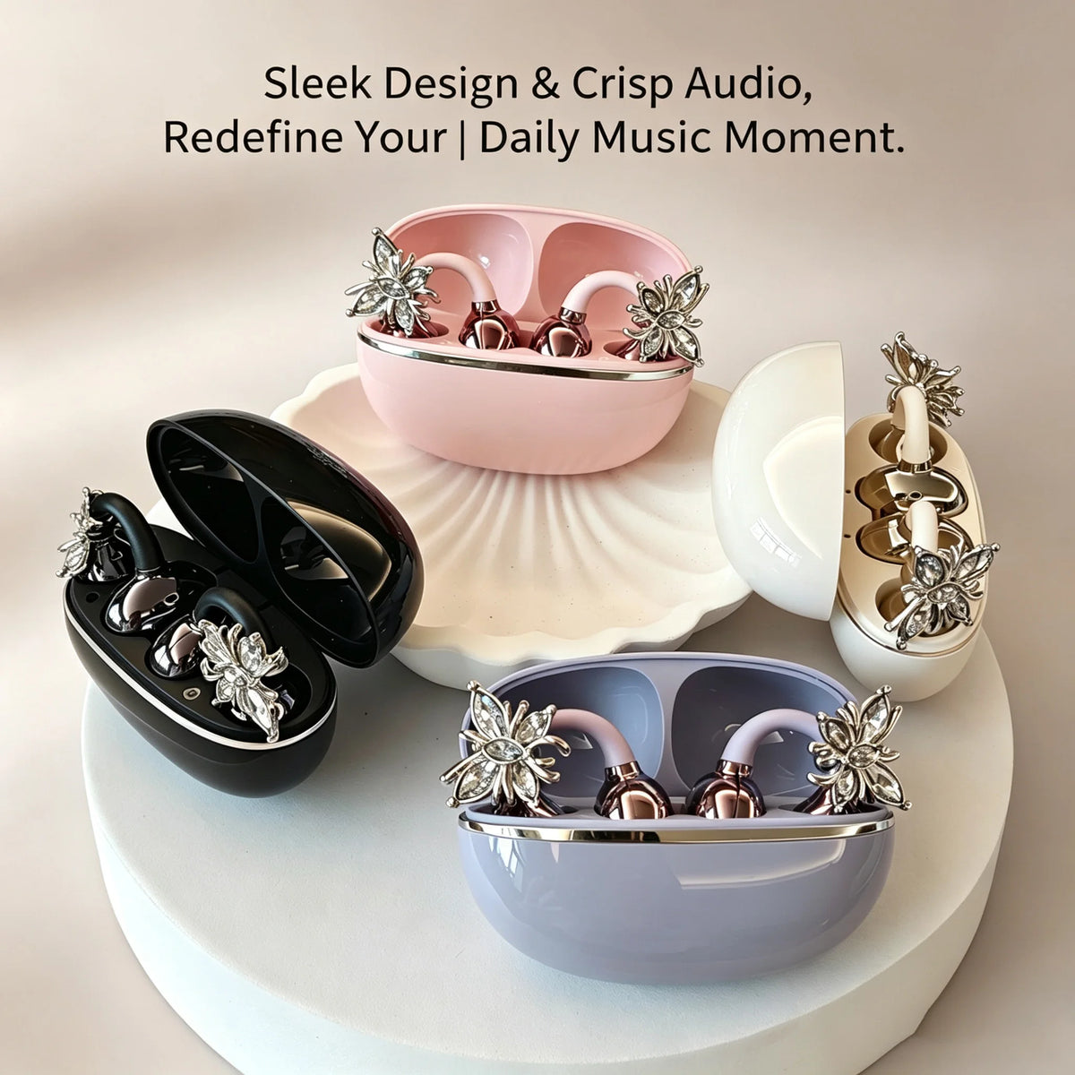 Universal Bluetooth Headphones with Crystal Diamond Butterfly Design and Open Hook Style