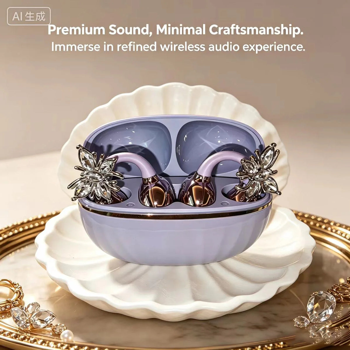 Universal Bluetooth Headphones with Crystal Diamond Butterfly Design and Open Hook Style