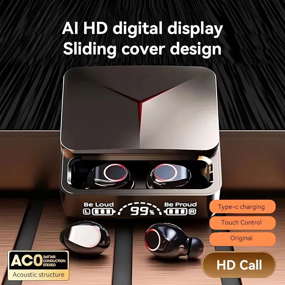 Wireless gaming earbuds with touch control and LED display - digital display with sliding cover design