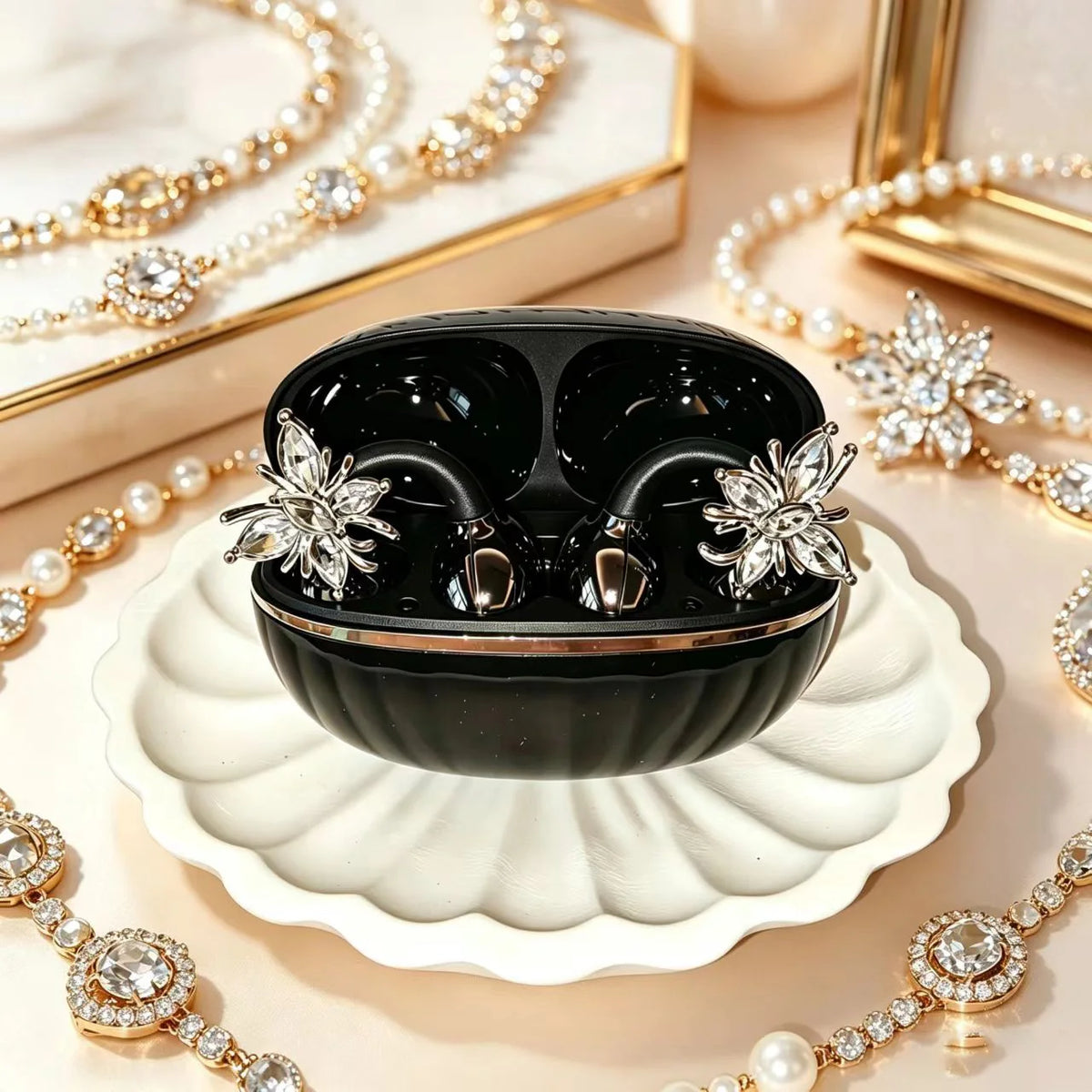 Universal Bluetooth Headphones with Crystal Diamond Butterfly Design and Open Hook Style