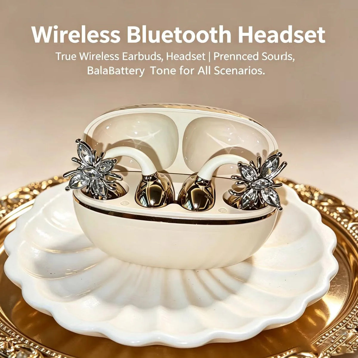 Universal Bluetooth Headphones with Crystal Diamond Butterfly Design and Open Hook Style